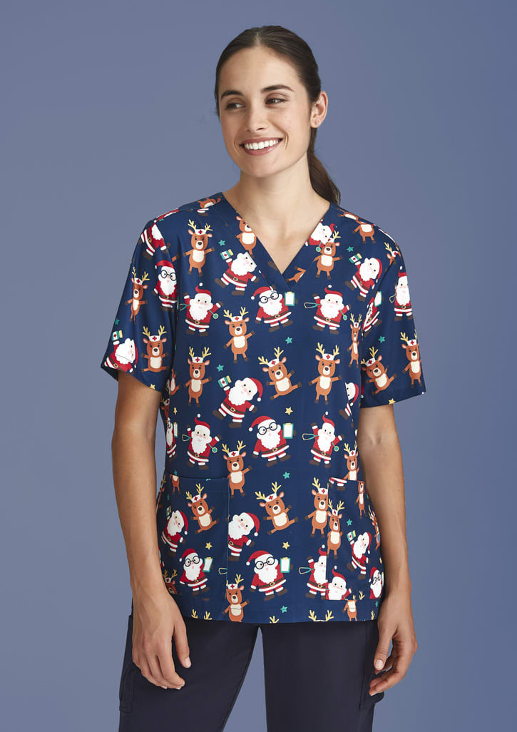 Womens Christmas Short Sleeve V-neck Scrub (Poly Stretch)