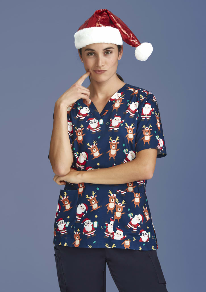 Womens Christmas Short Sleeve V-neck Scrub (Poly Stretch)
