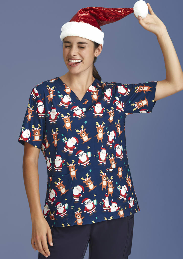 Womens Christmas Short Sleeve V-neck Scrub (Poly Stretch)